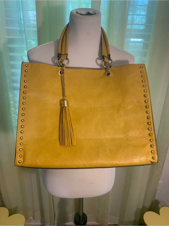 Handbags - Yellow Stud-Trim Tote Bag with Tassel